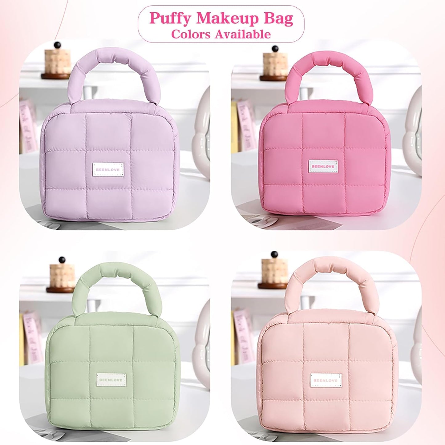 Quilted Makeup Bag Puffer Cosmetic Bag | Cute Toiletry Bag Travel Essential Makeup Organizer