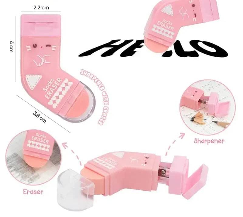 Pink stationery set with eraser, sharpener, and eraser cleaner on a white background.
