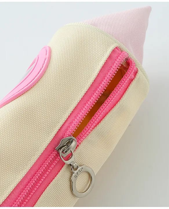 Beige pouch with pink zipper on a light gray background