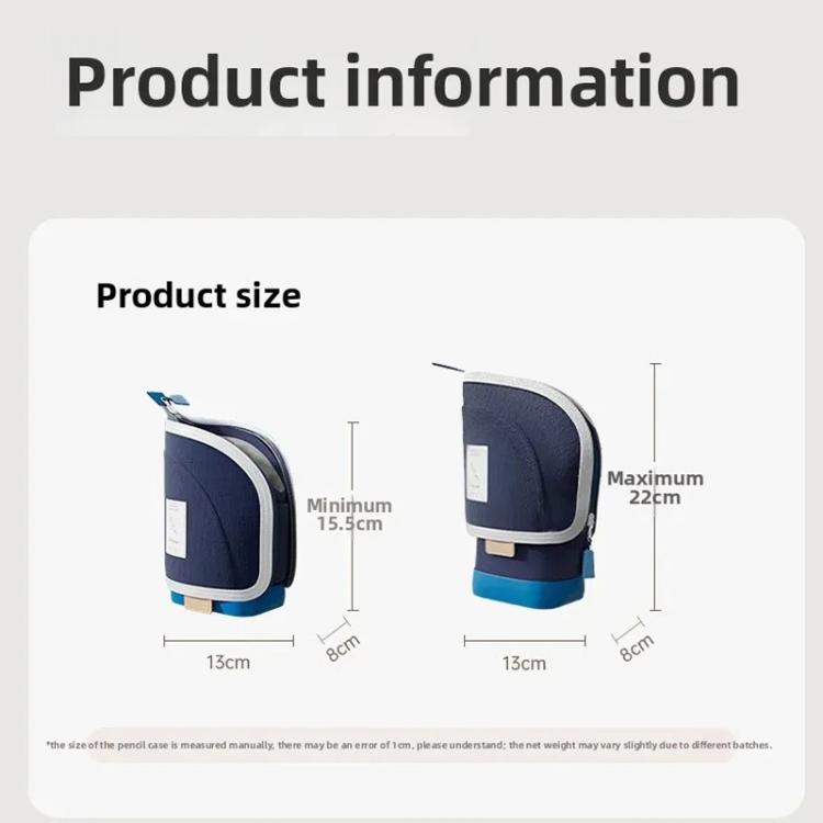 Product size information for a blue pencil case with dimensions displayed.