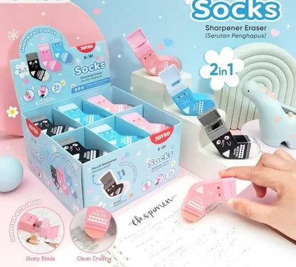 2-in-1 Socks Sharpener Eraser with packaging and a hand using it on paper.