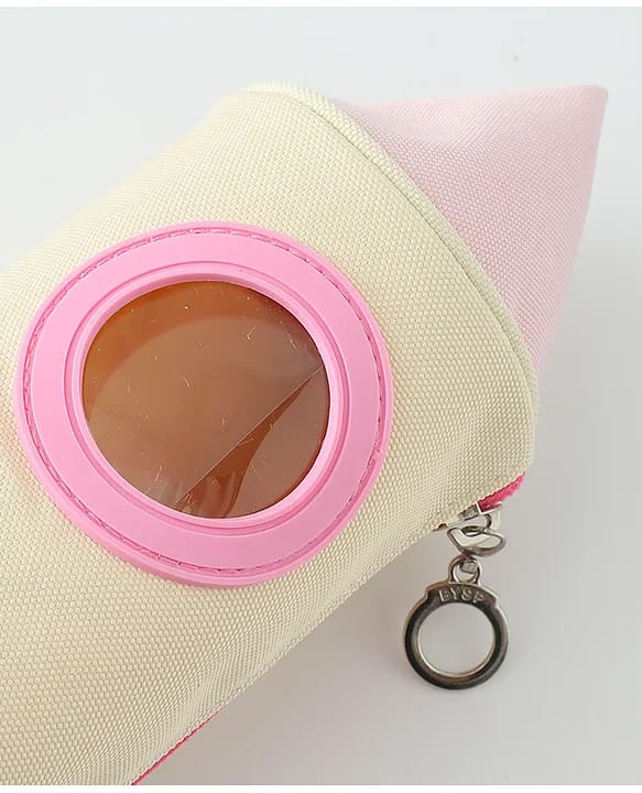 Beige pouch with pink circular window and keychain on a white background