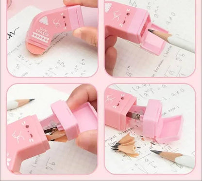 Pink pencil sharpener with cartoon design on a white background