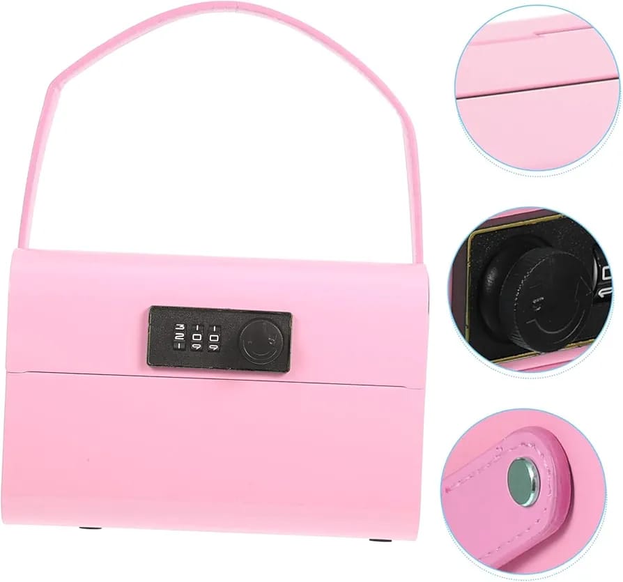 Pink handbag with a combination lock on a white background