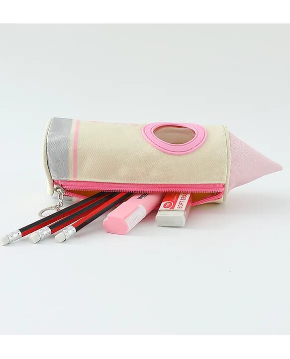 Pencil case shaped like a pencil with stationery items on a white background