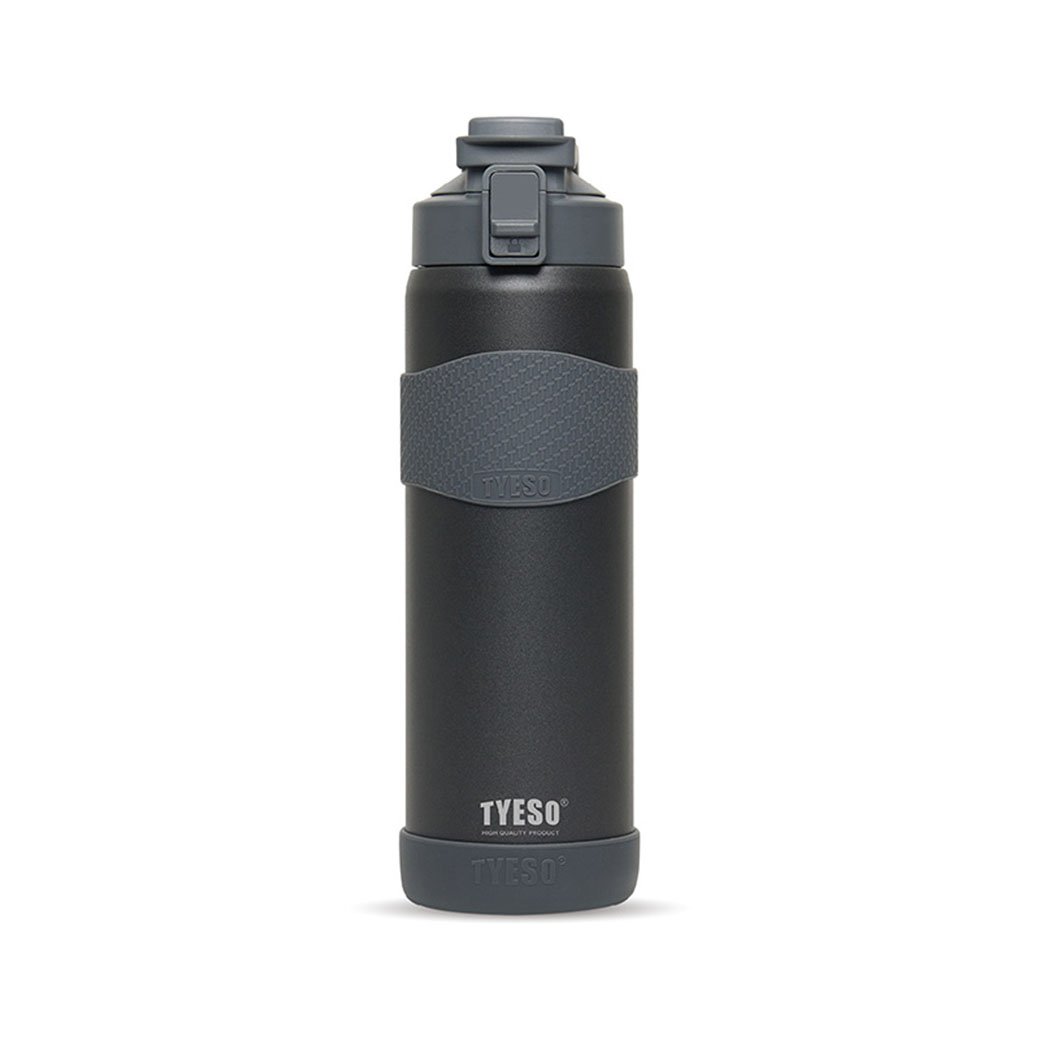 Black water bottle with gray accents on a white background