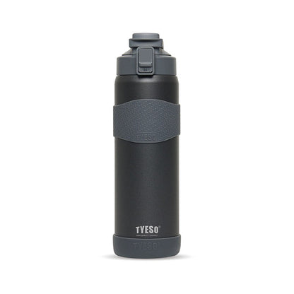 Black water bottle with gray accents on a white background
