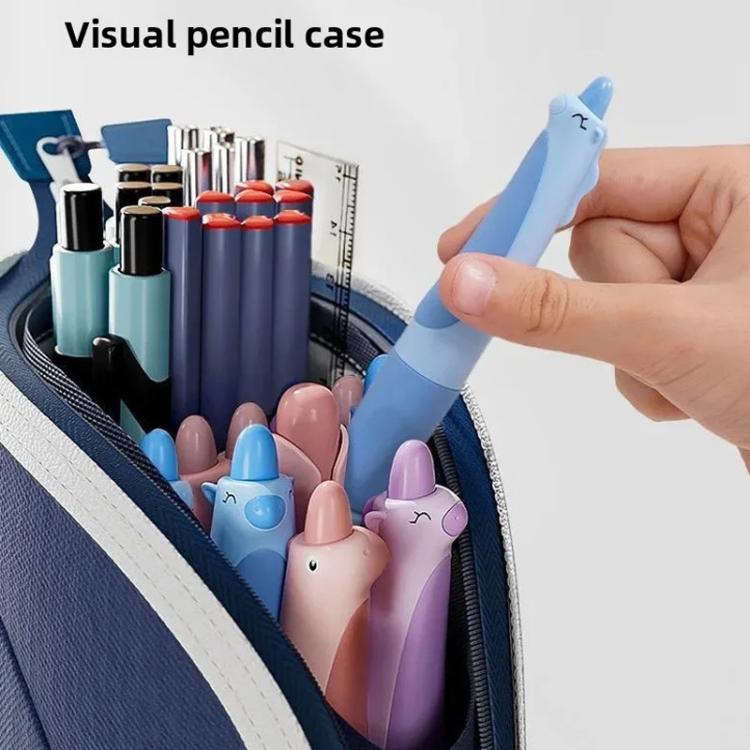 Blue pencil case with stationery items including pens and a small blue animal-shaped container.