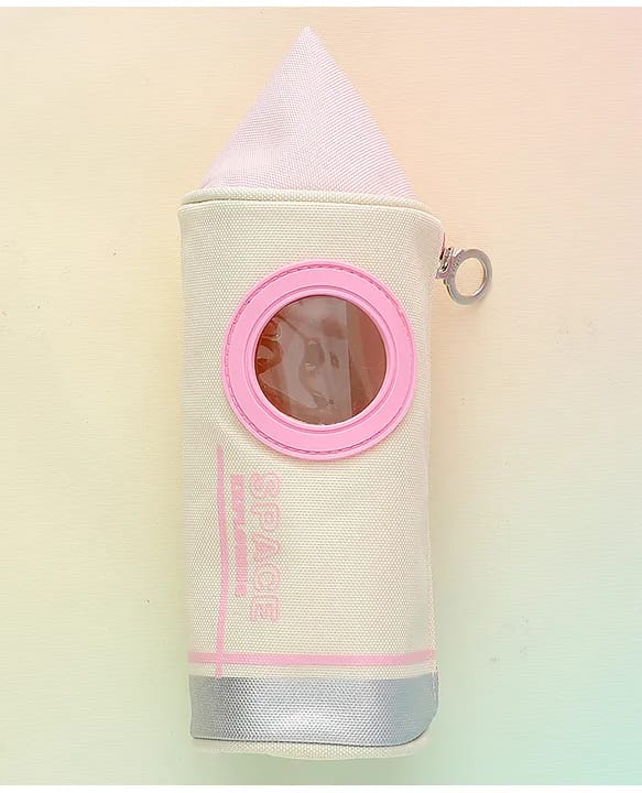 Canvas pouch with pink window and white top on a pastel gradient background