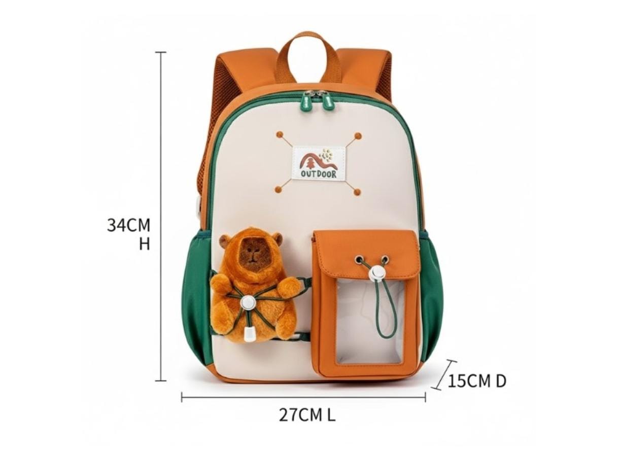 Children's backpack with bear design and measurements on a white background