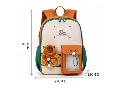 Children's backpack with bear design and measurements on a white background