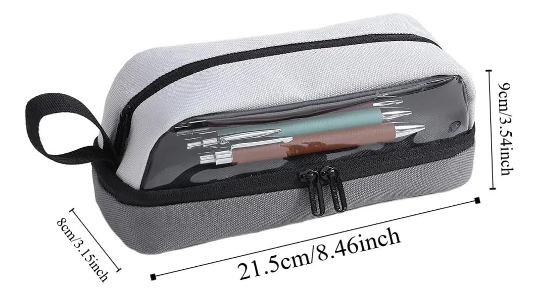 Gray pencil case with clear top compartment, black zippers, and measurements on a white background