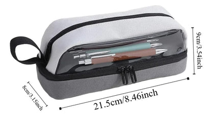 Gray pencil case with clear top compartment, black zippers, and measurements on a white background