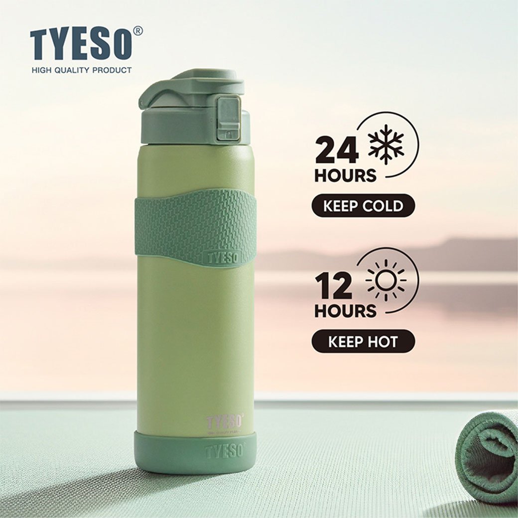 Green TYESO water bottle with temperature retention features on a gradient background