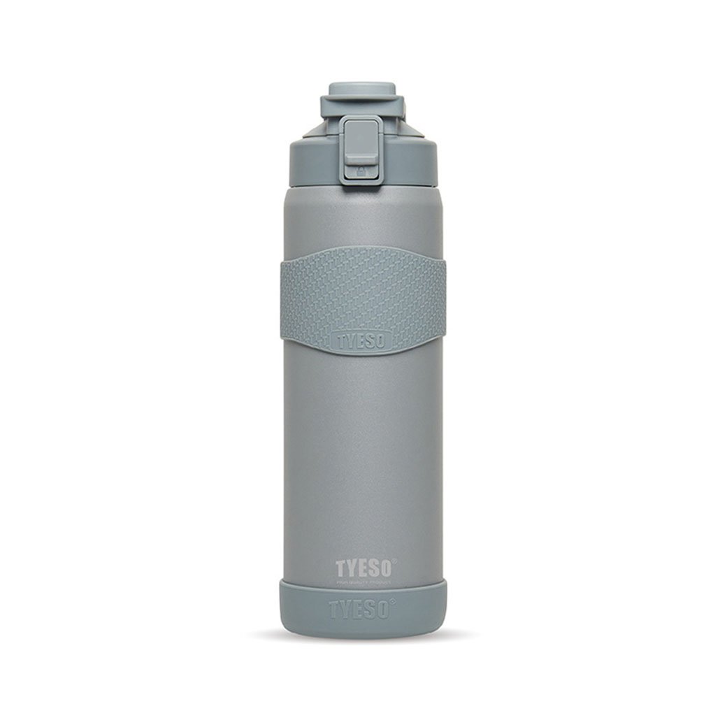 Gray water bottle with a textured grip on a white background