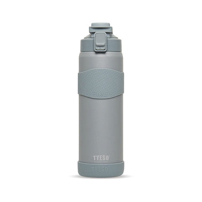 Gray water bottle with a textured grip on a white background