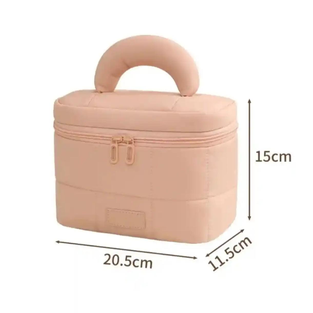 Beige makeup bag with dimensions indicated on a white background