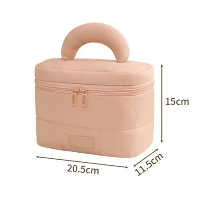 Beige makeup bag with dimensions indicated on a white background