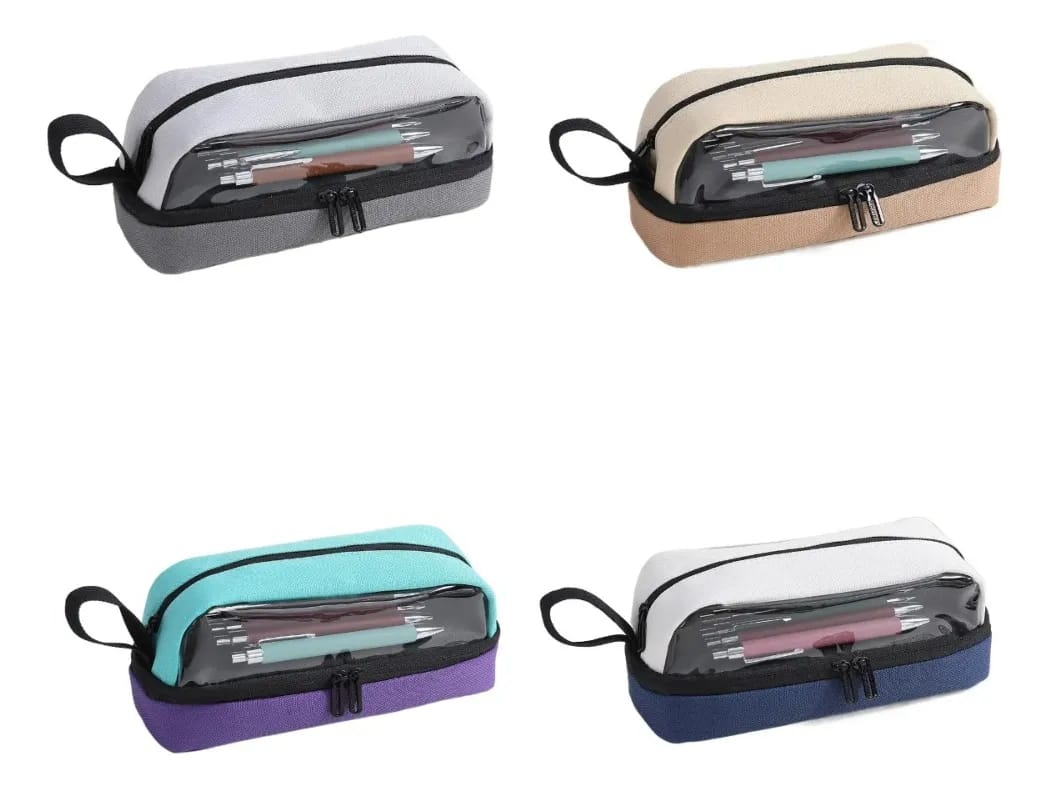 Four transparent pouches with black straps in different colors on a white background