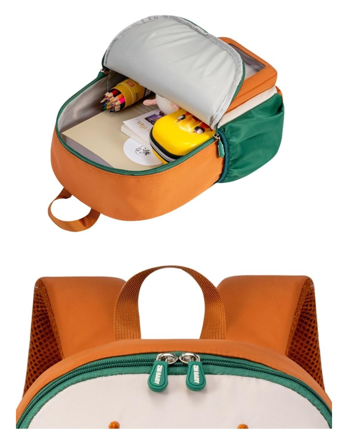 Orange and green backpack with open front compartment showing items inside on a white background.