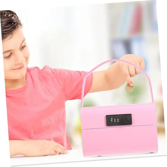 Person holding a pink handbag with a digital lock against a blurred background