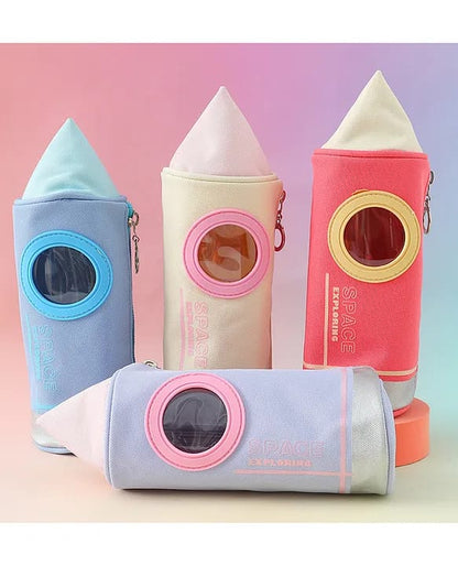 Four rocket-shaped pouches in pastel colors on a gradient background