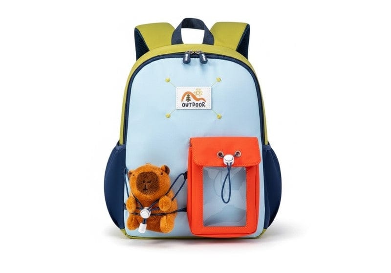 Children's backpack with teddy bear design on a light blue background