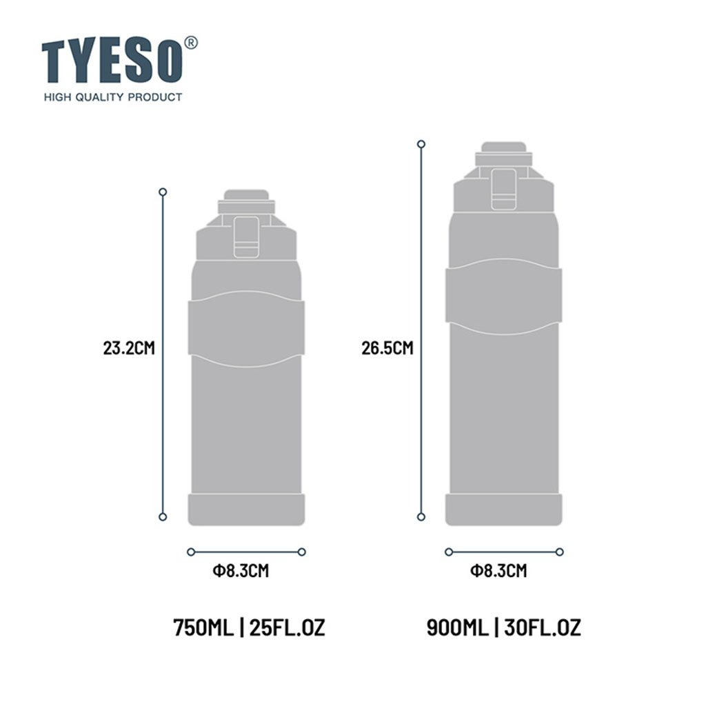 Dimensions and capacity chart of TYESO bottles on a white background